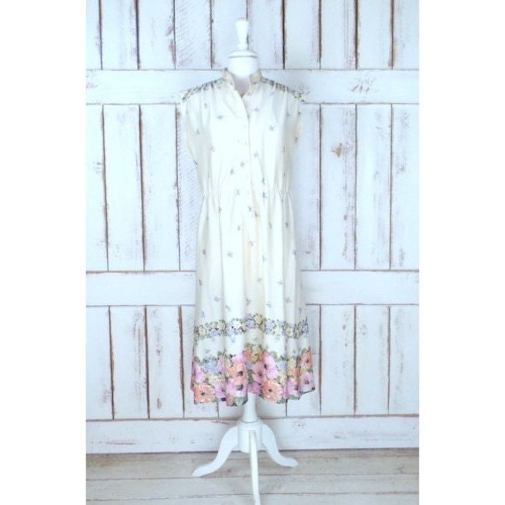 70s vintage ivory floral pullover cap sleeve midi dress sheer poly stretch